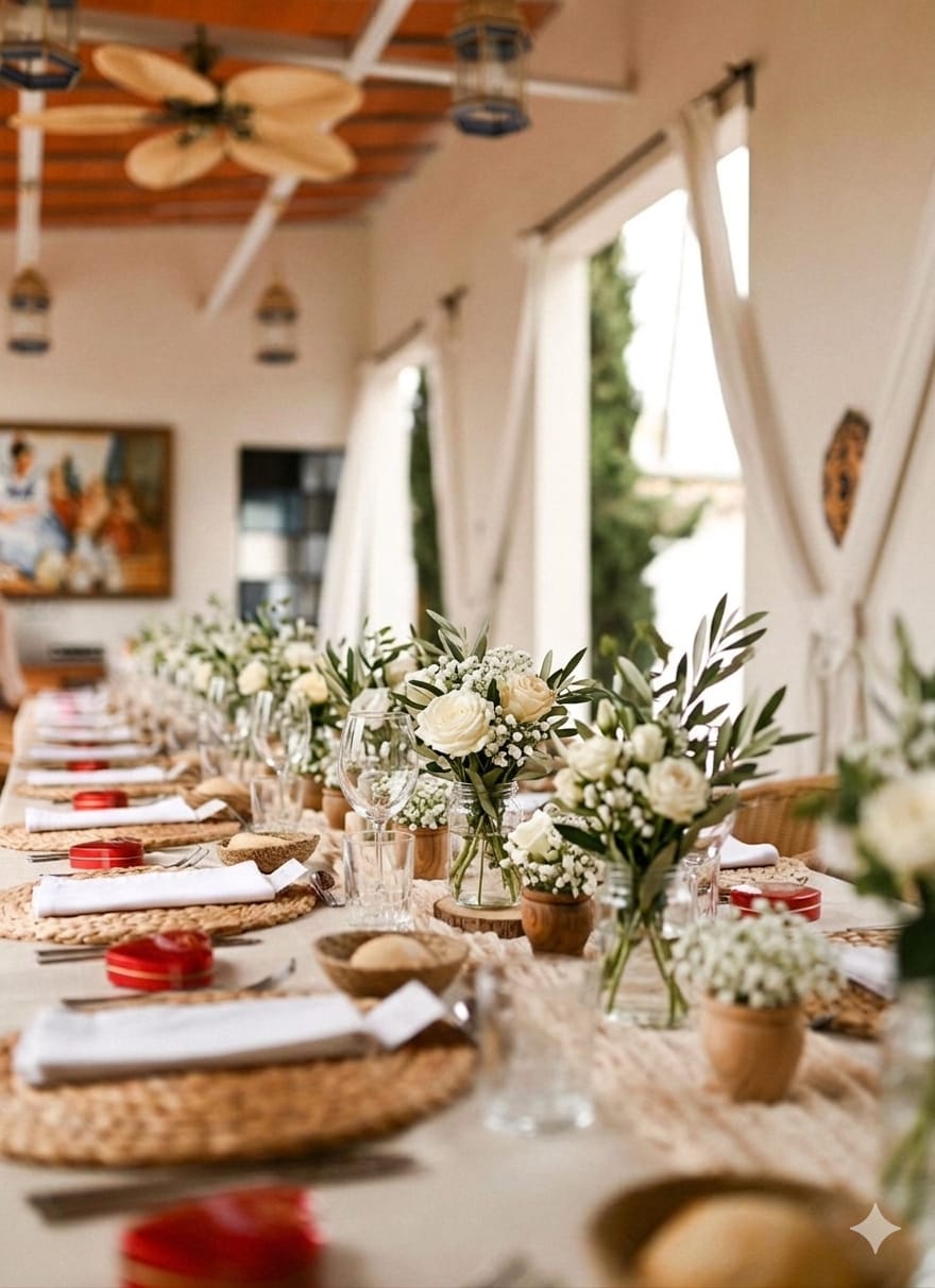 Mesa larga puesta con flores y olivo en Villa Paula