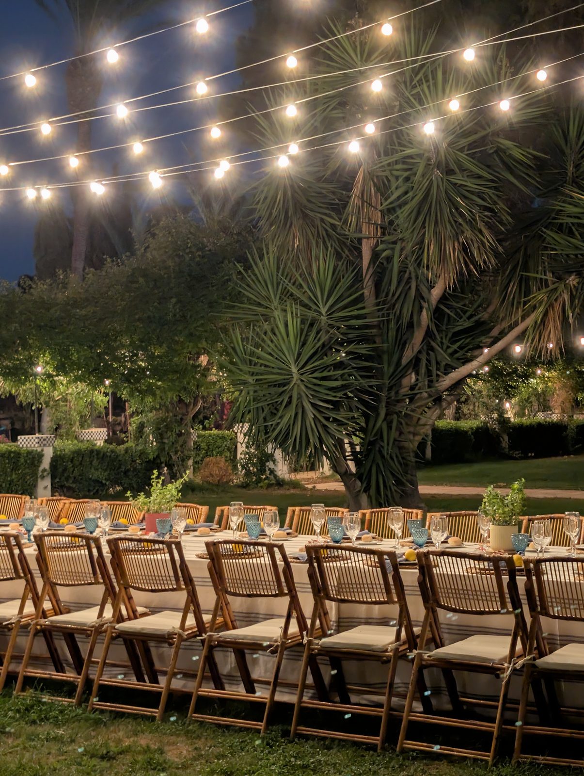 Cena de un grupo grande en el jardín de Villa Paula